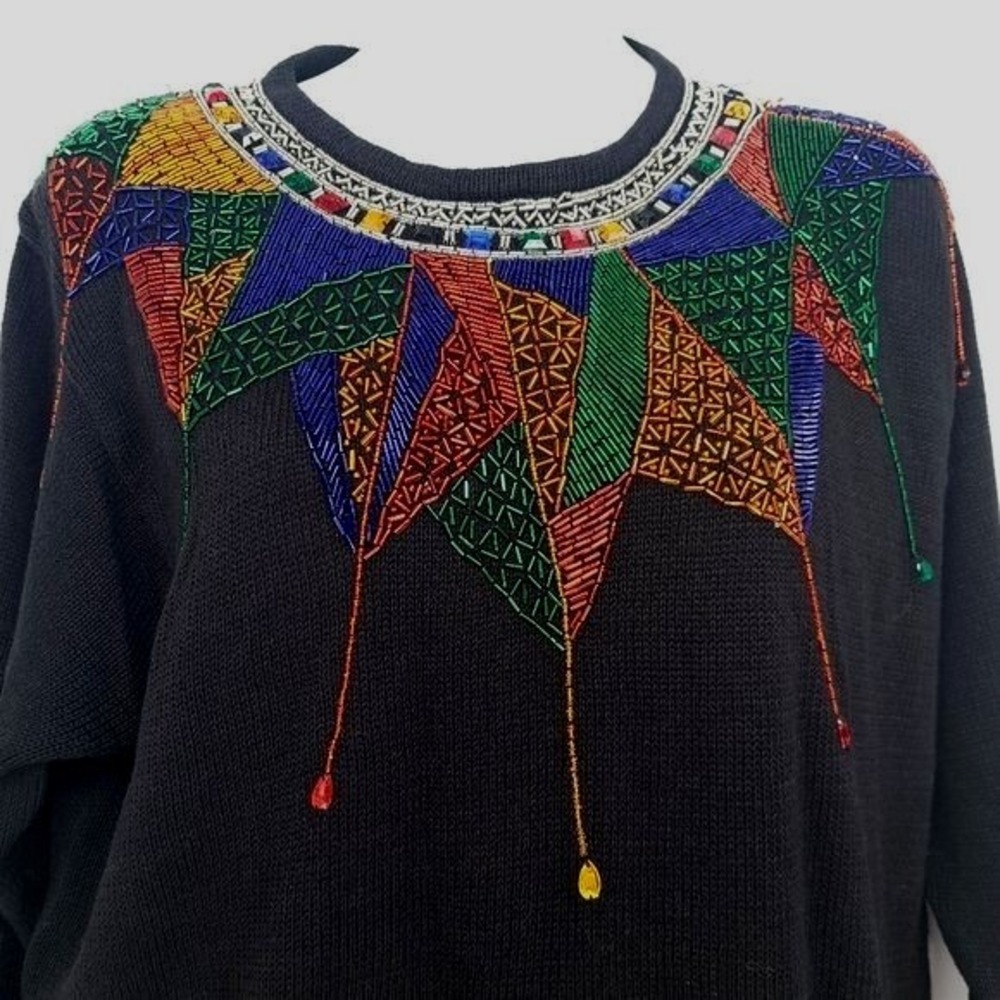 Vintage Lindsey Blake Sequin Beaded Black Santana Knit Sweater Size Large‎